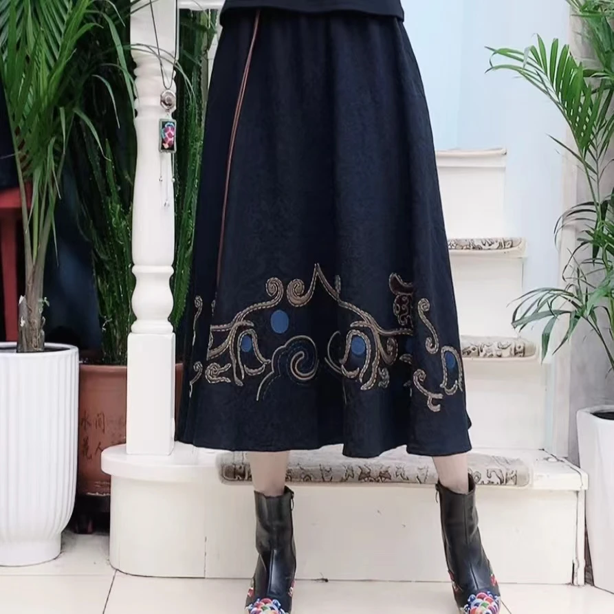 （裙长77左右）民族风复古刺绣流苏百搭半身裙8056