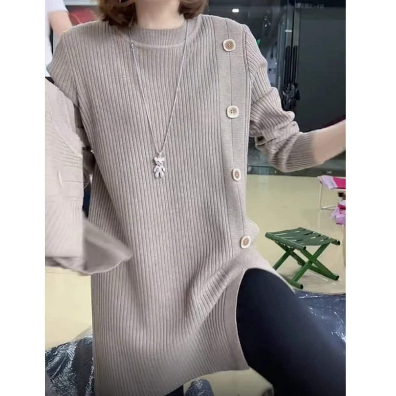 秋冬韩版套头针织衫中长款洋气打底衫大码外穿宽松显瘦毛衣女百搭