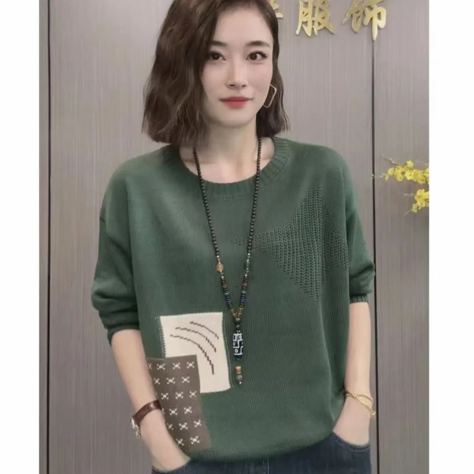 2025秋冬新款毛衣女圆领拼色针织衫女宽松时尚网红爆款遮肚子上衣