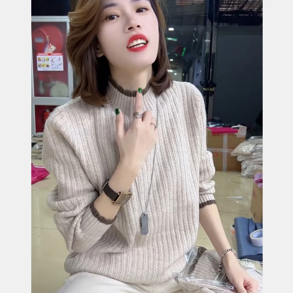 欧货纯色半高领毛衣女加厚保暖秋冬针织衫宽松百搭打底衫上衣显瘦