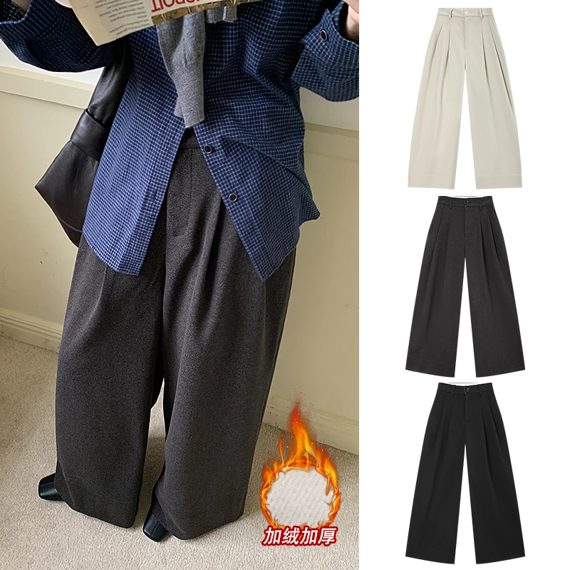 Manman 苏喜自制宽松阔腿裤女2024新款秋冬加绒高级灰休闲裤