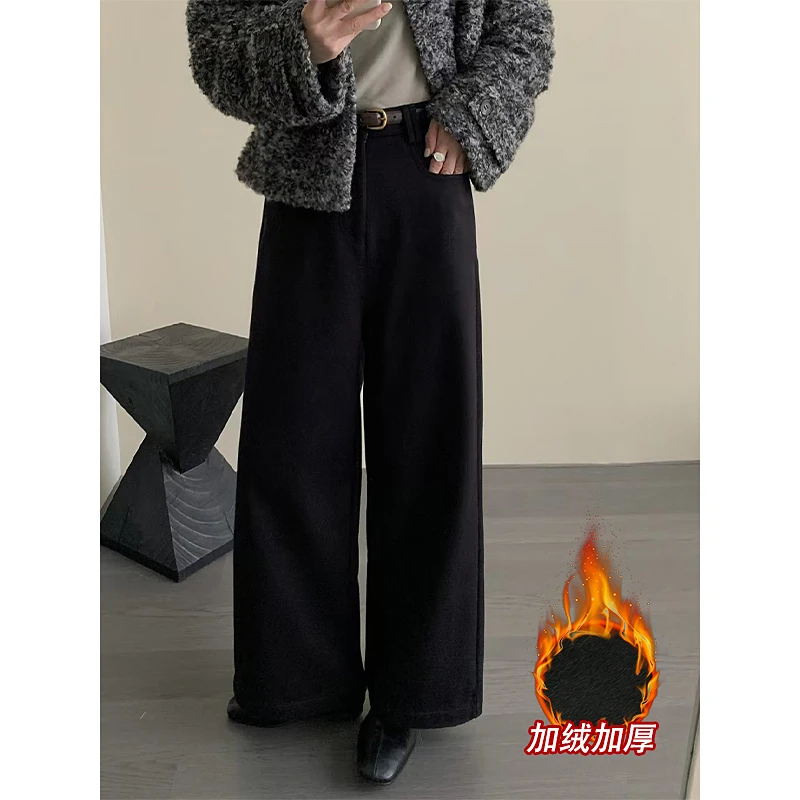 Miss sumeyY3628自制秋冬黑色加绒阔腿裤女新款高腰休闲直筒裤子