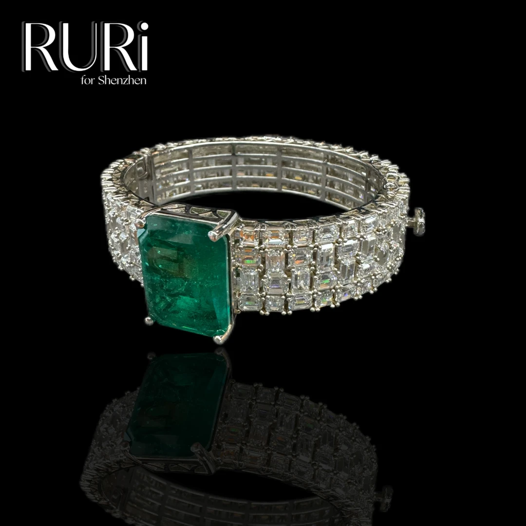 925银合成锆石手镯 RURI  时尚重工祖绿白大方糖镶嵌石手镯 A1085