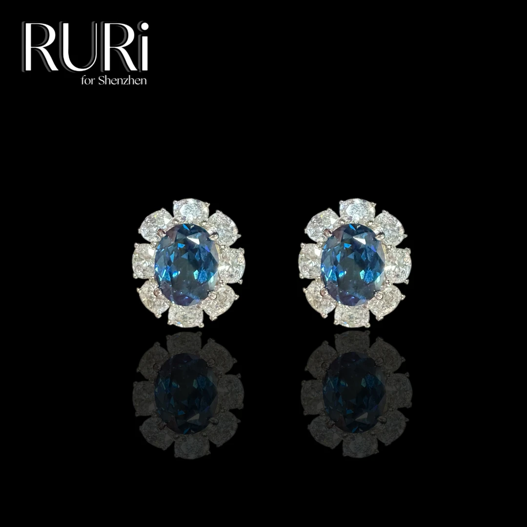 925银合成锆石耳饰 RURI  简约时尚椭圆花设计镶嵌蓝石耳饰 A0063