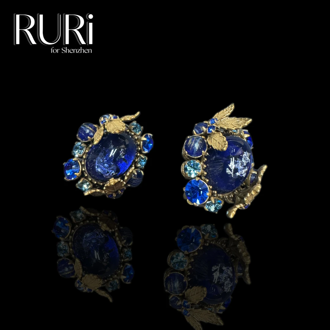 铜合金铅玻璃耳饰 【J 系列】时尚百搭轻奢设计师蓝色琉璃树叶款耳