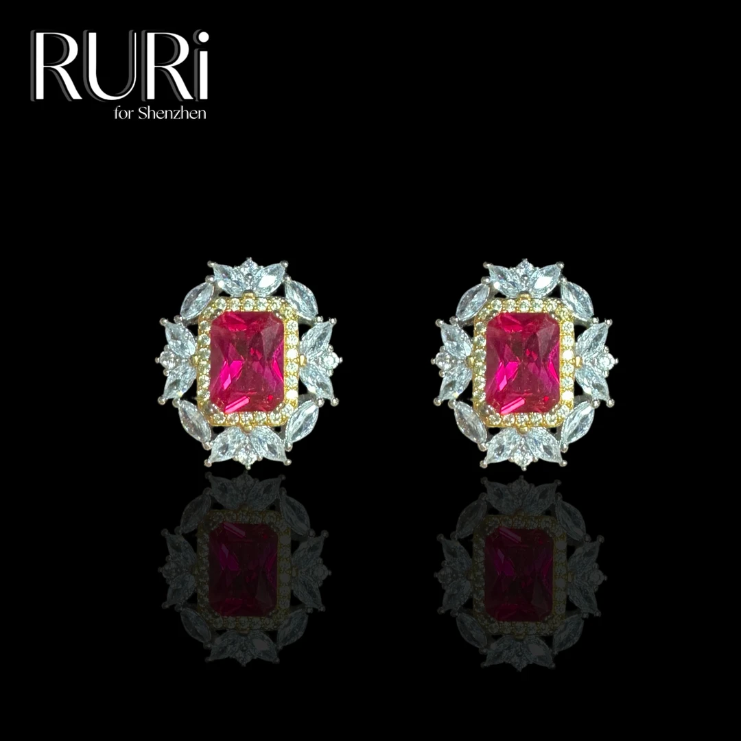 925银合成锆石耳饰 RURI  简约时尚方形金边镶嵌红石耳饰 A0052
