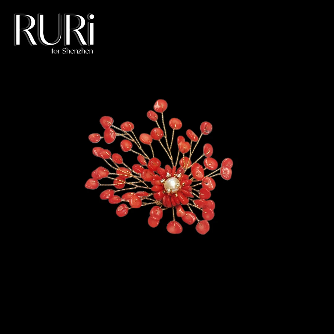 铜合金琉璃胸针  时尚简约串珠款红色石花卉款胸针 A1835