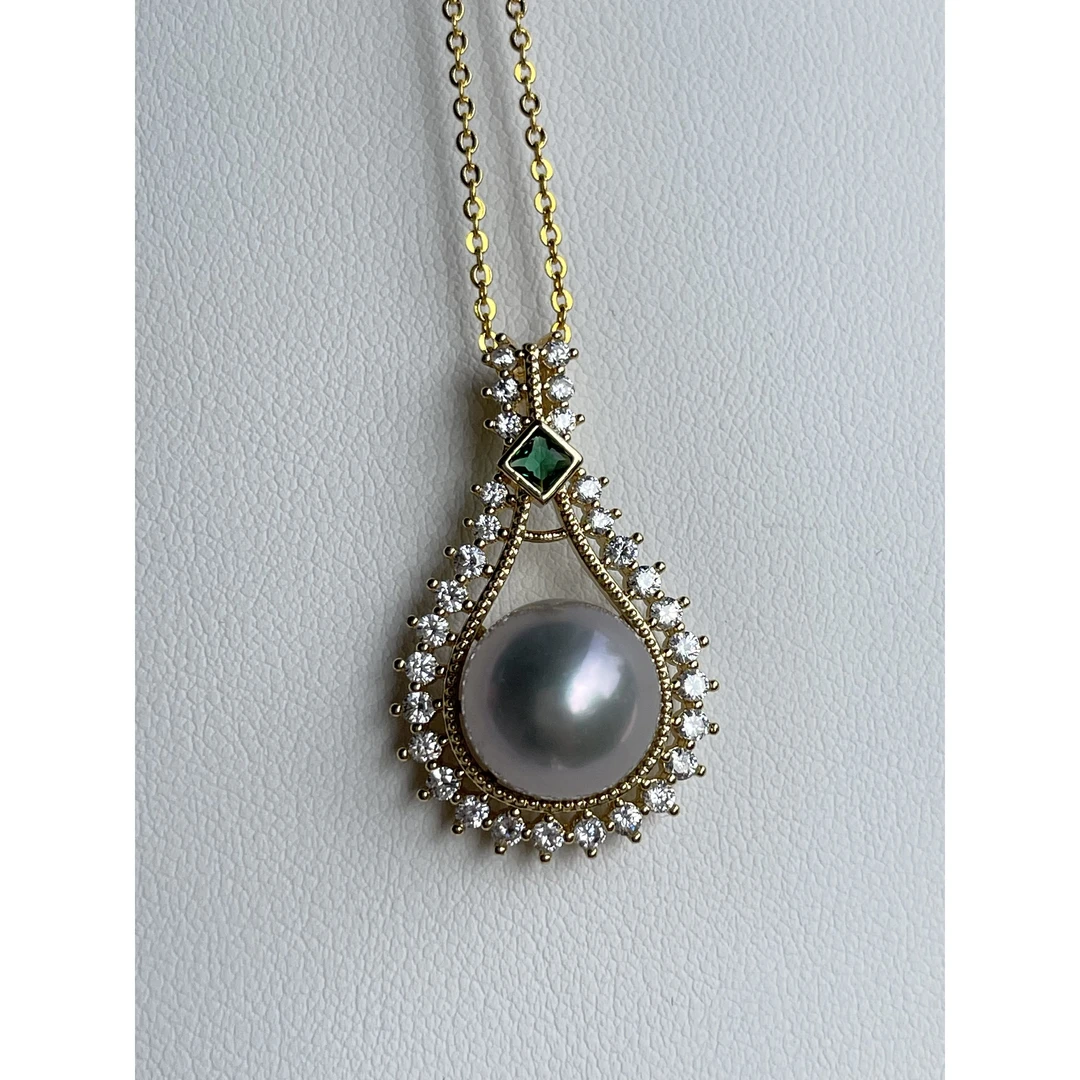 铜合金珍珠项链 气质百搭水滴满镶灰色珠吊坠项链 A2372