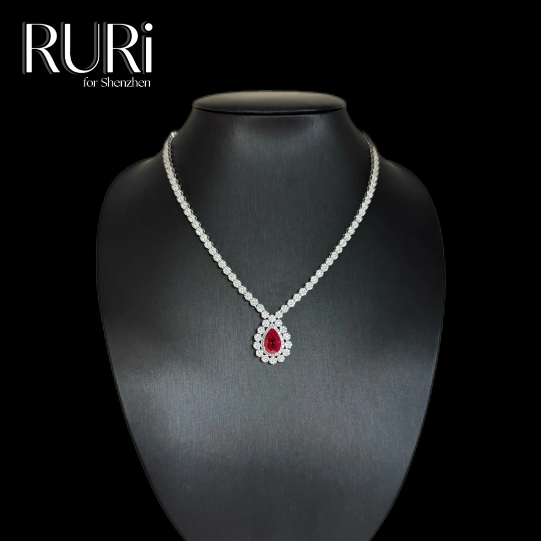 坠链均925银合成锆石 RURI  简约水滴粗花链镶嵌红石项链 A1265