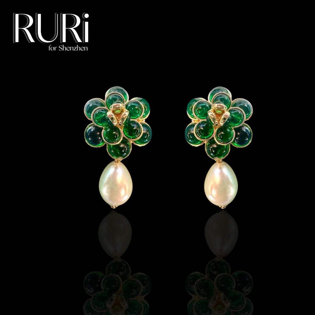 合金铅玻璃耳饰 RURI 巴黎款绿色山古风气质耳夹A1701