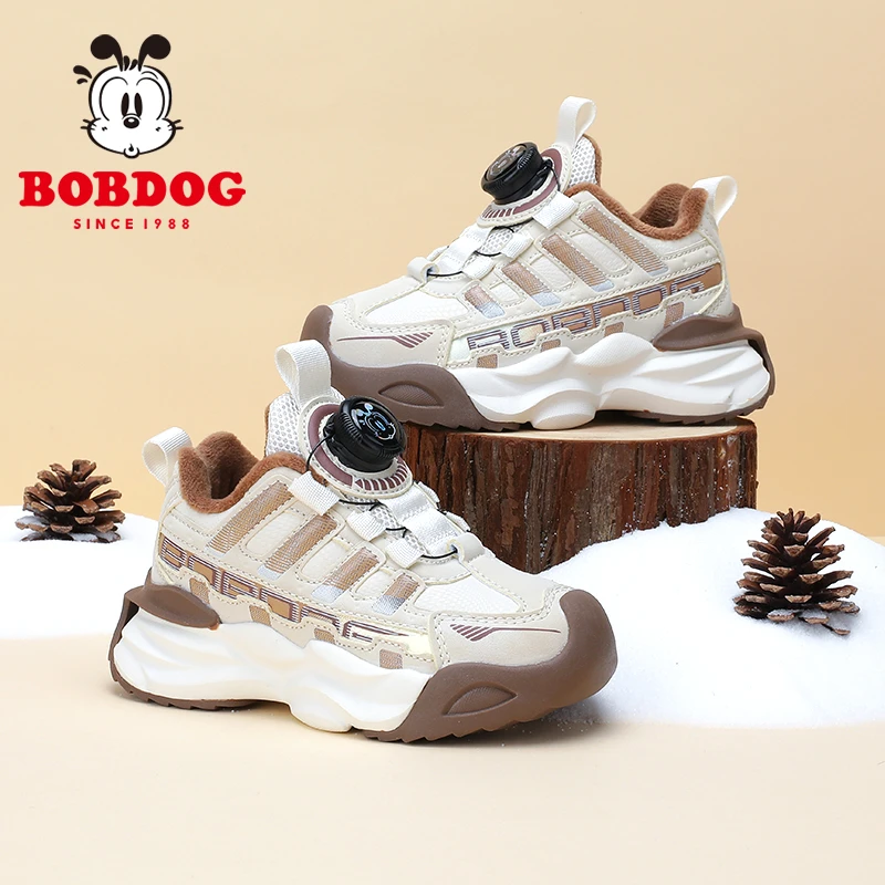 Bobdog/巴布豆儿童加绒跑步鞋2025冬季新款中大童防滑纽扣运动鞋