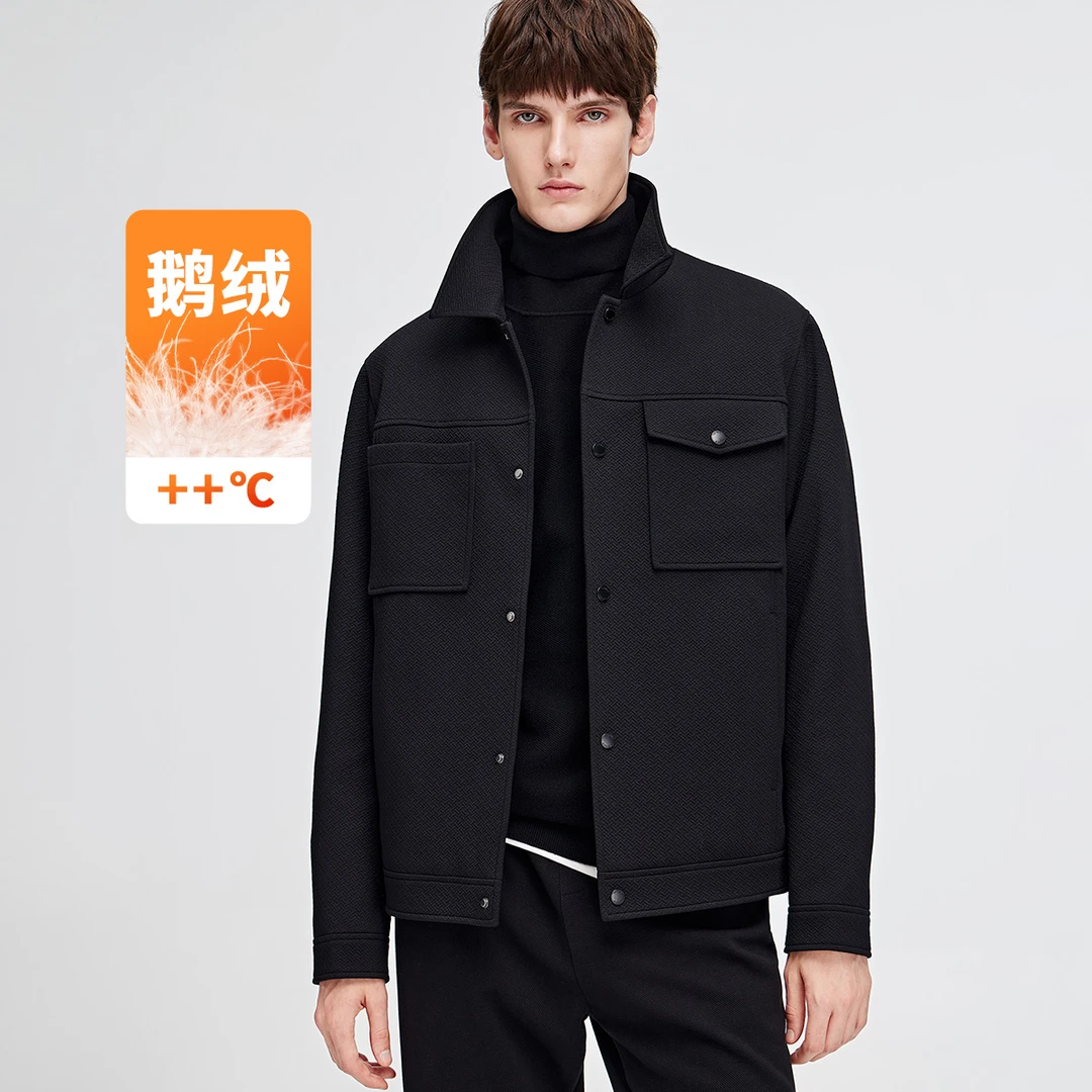 Navigare/纳维凯尔男士冬季短款休闲百搭毛呢翻领短装鹅绒夹克