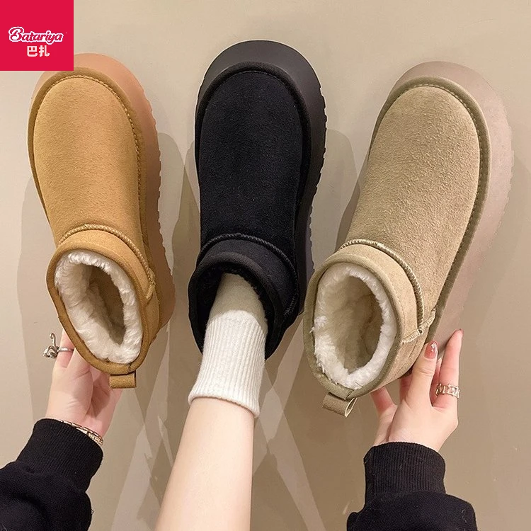 雪地靴短筒人造短毛绒绒面中跟(3-5cm)套筒橡胶靴子圆头松糕底冬