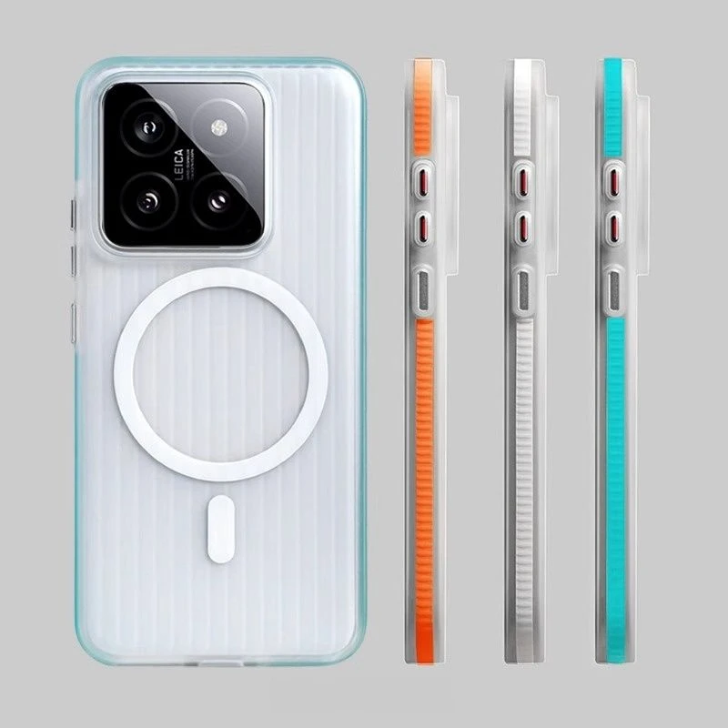 适用小米14手机壳新款海湾蓝瓦楞条纹Xiaomi14ultra磁吸肤感磨砂
