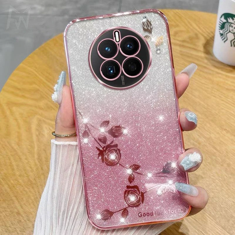 华为mate50手机壳全包防摔电镀新款mate50pro软壳网红水钻玫瑰花