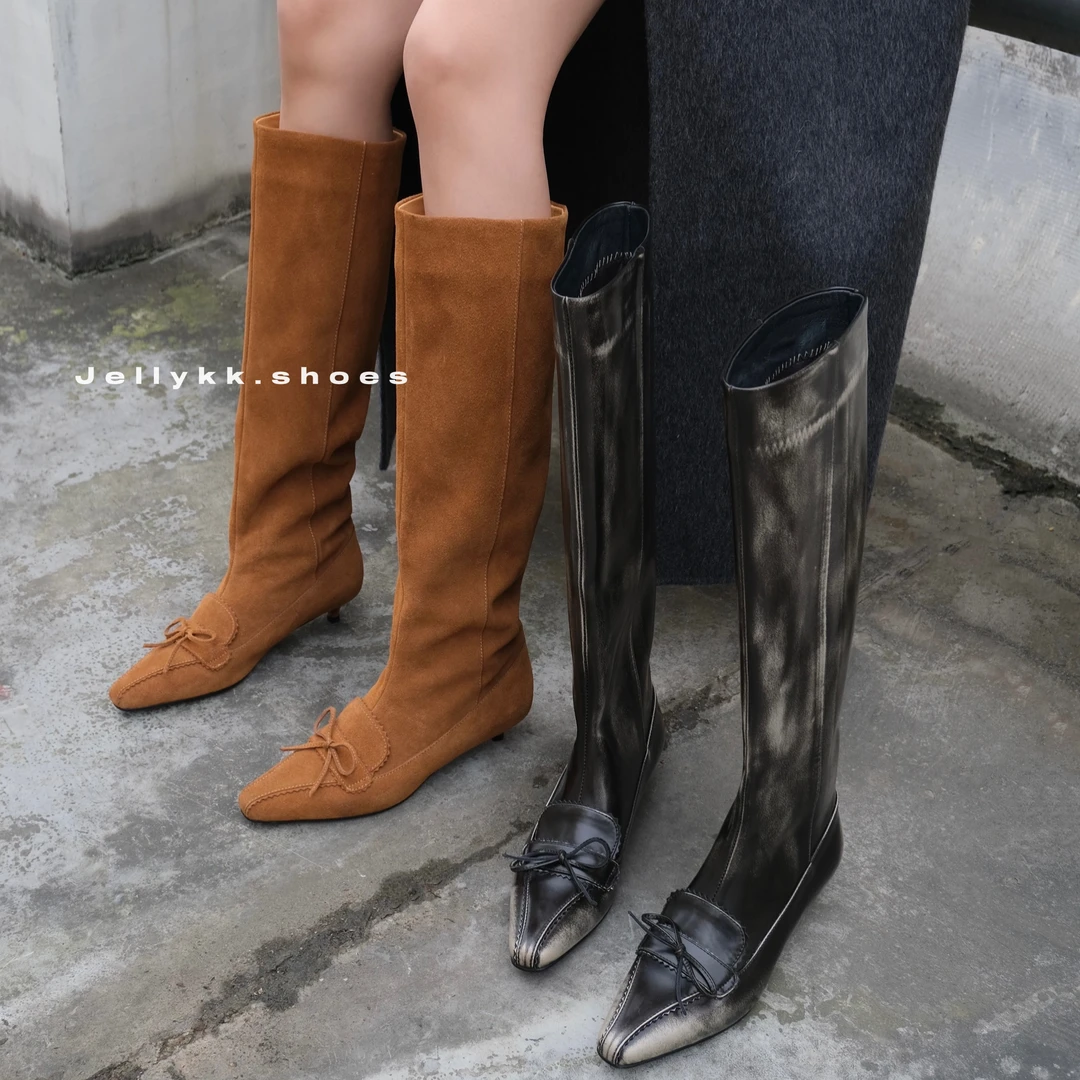 【Jellykk】3cm欧美设计师款百搭小方头复古擦色猫跟博主骑士时装靴