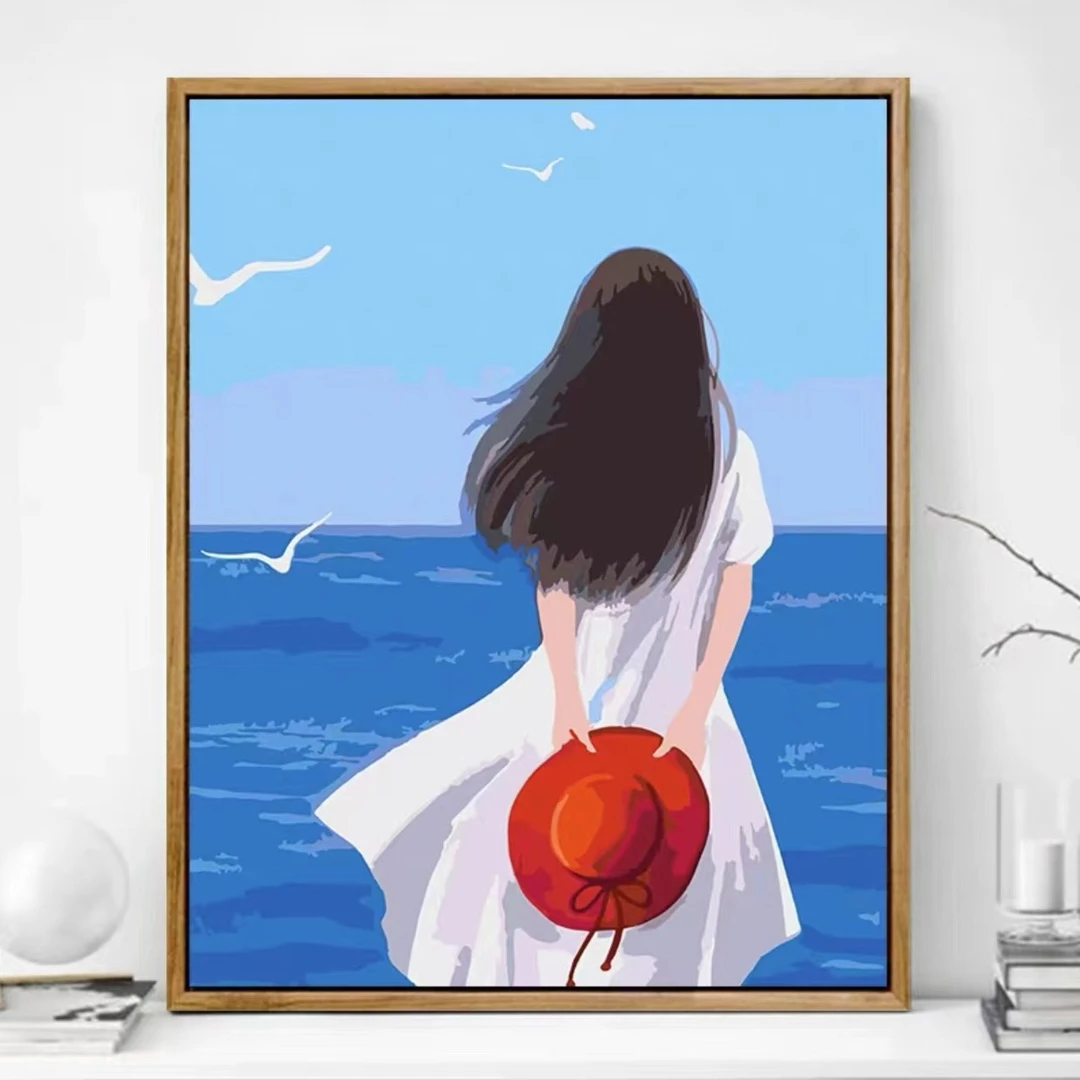ML背影少女diy数字油画手绘简单填色油彩画带框油画丙烯颜料画