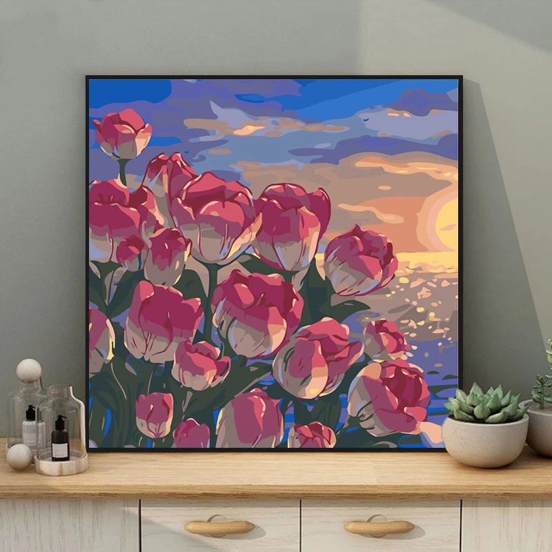 ML数字油画手工涂色治愈装饰花卉风景油画艺术填色画月下白玫瑰