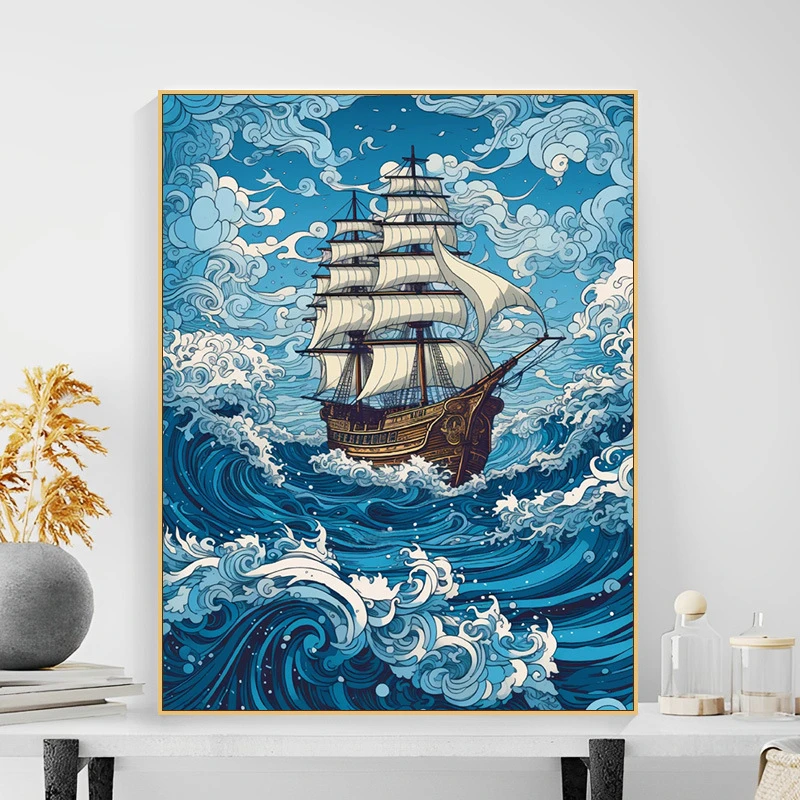 ML乘风破浪diy数字油画手绘一帆风顺装饰丙烯油画手工简单上色