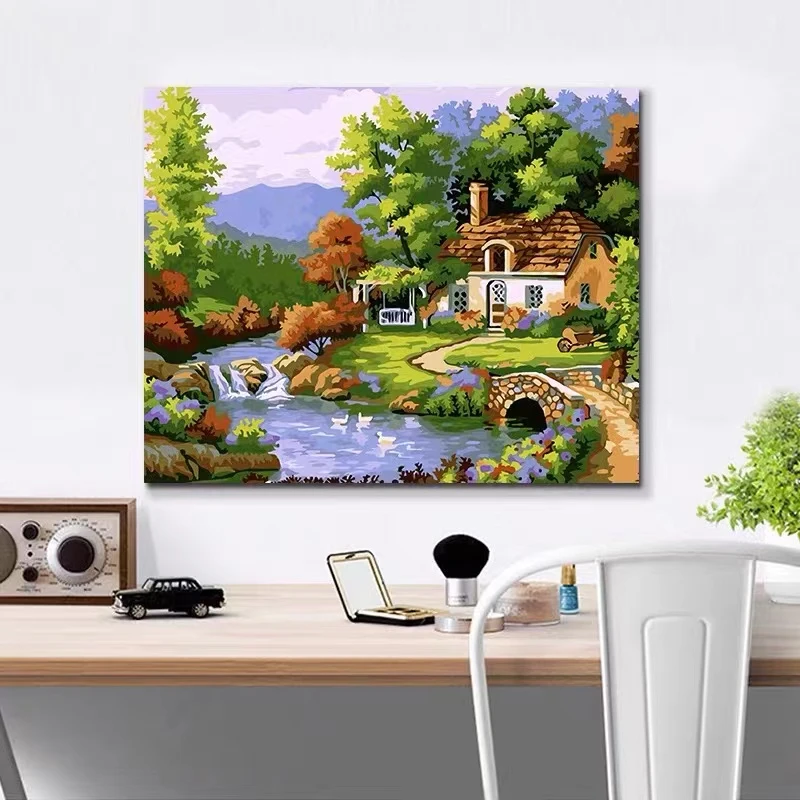 ML数字油画diy手绘油画风景装饰海边别墅丙烯画北欧上色客厅叠加
