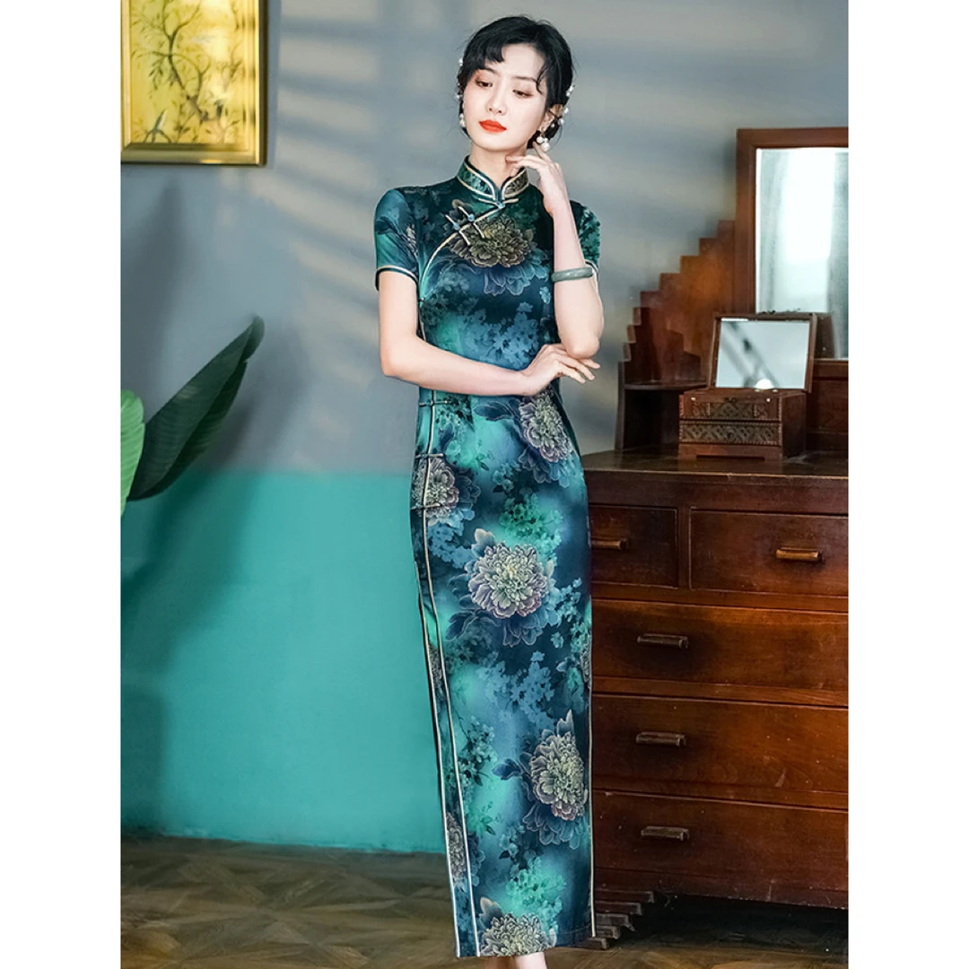 【夜宴】真丝桑蚕丝夏季长款旗袍气质高端显瘦女人味复古