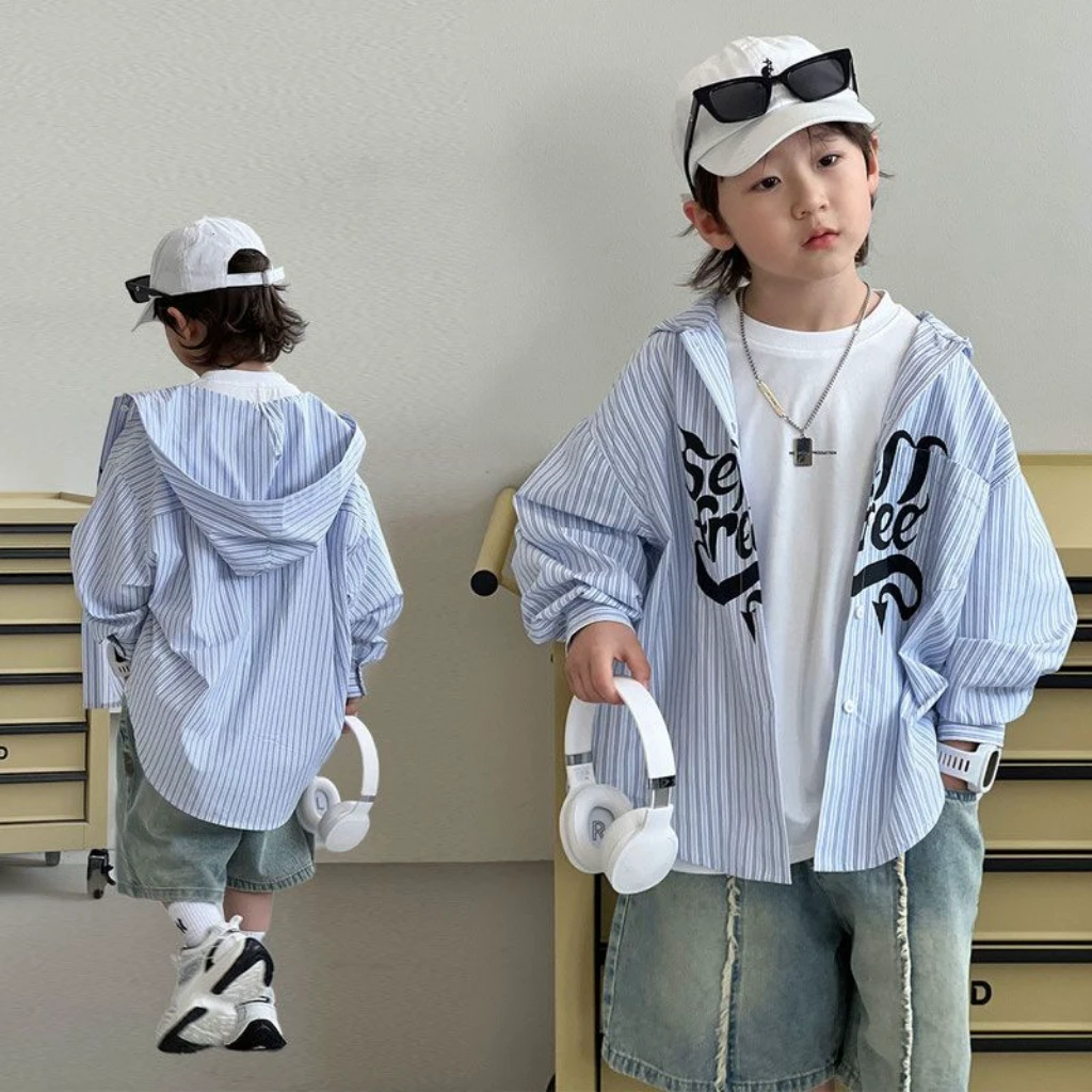 男童时尚薄款长袖衬衫春秋季新款中大童韩版宽松连帽衬衣条纹外套
