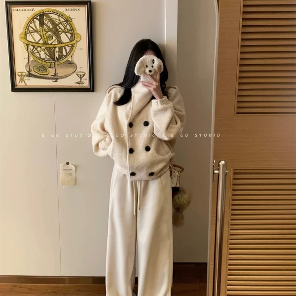 flower自制 羊毛毛绒双排短款羊羔毛外套女秋冬季新款温柔上衣