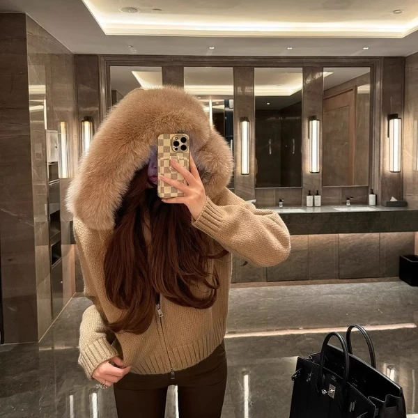 Flower自制 小狐狸外套慵懒风秋冬毛衣外套女新款宽松连帽开衫