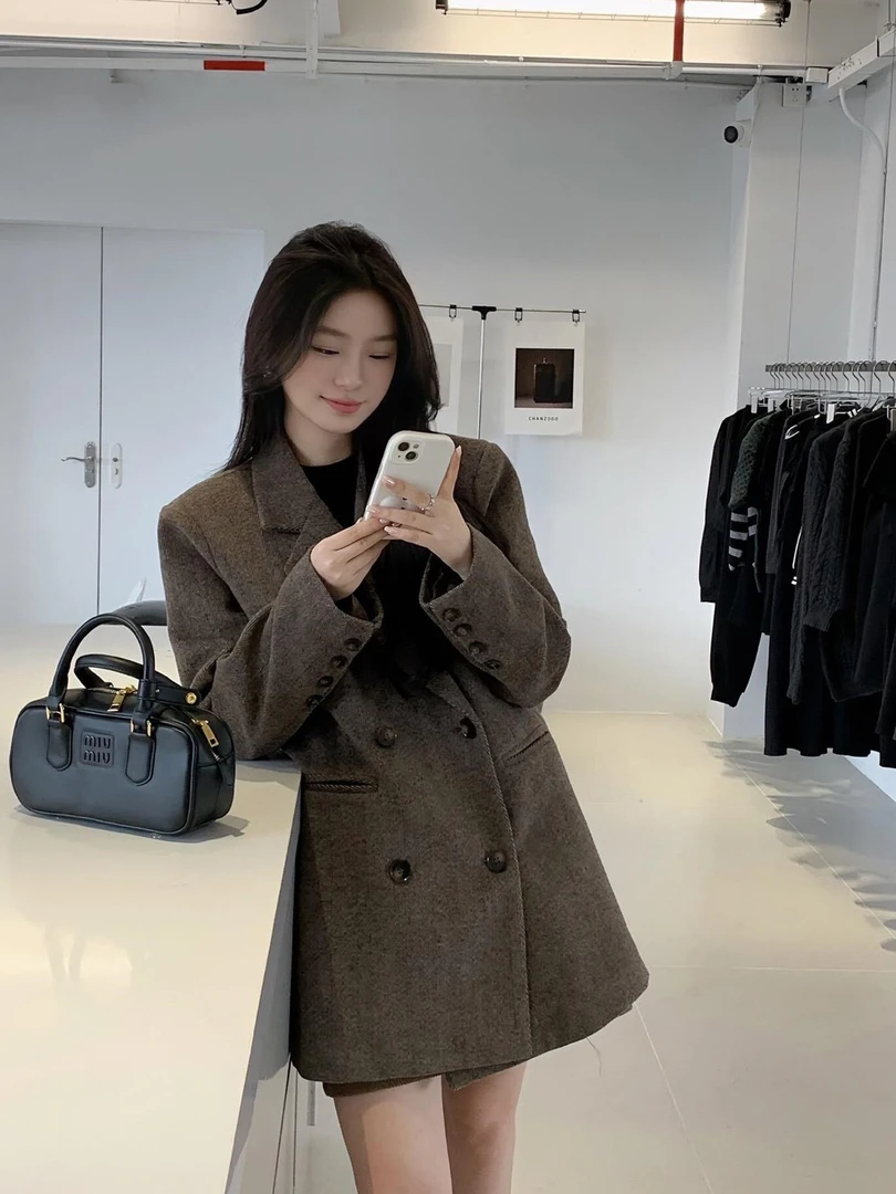 Flower自制 新款秋冬高级感毛呢小个子西装式大衣中长款外套