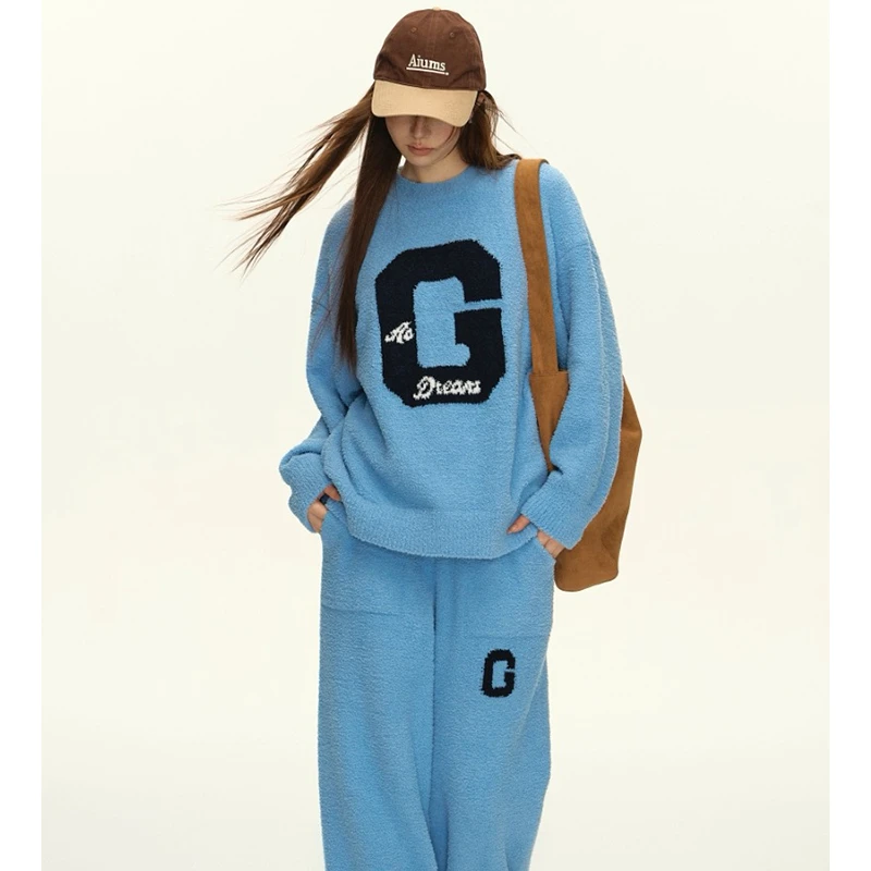 莫里伊【湖蓝色字母G】小众时尚设计休闲舒适可外穿保暖睡衣家居服