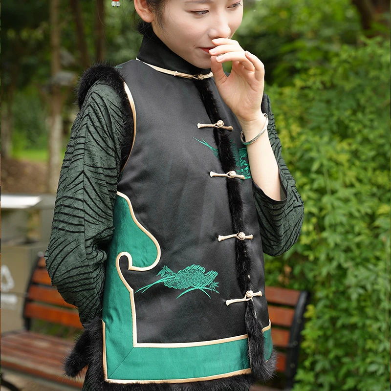 玲珑缎原创对襟上衣复古中式水貂绒厚马甲单排扣立领秋冬修身显瘦