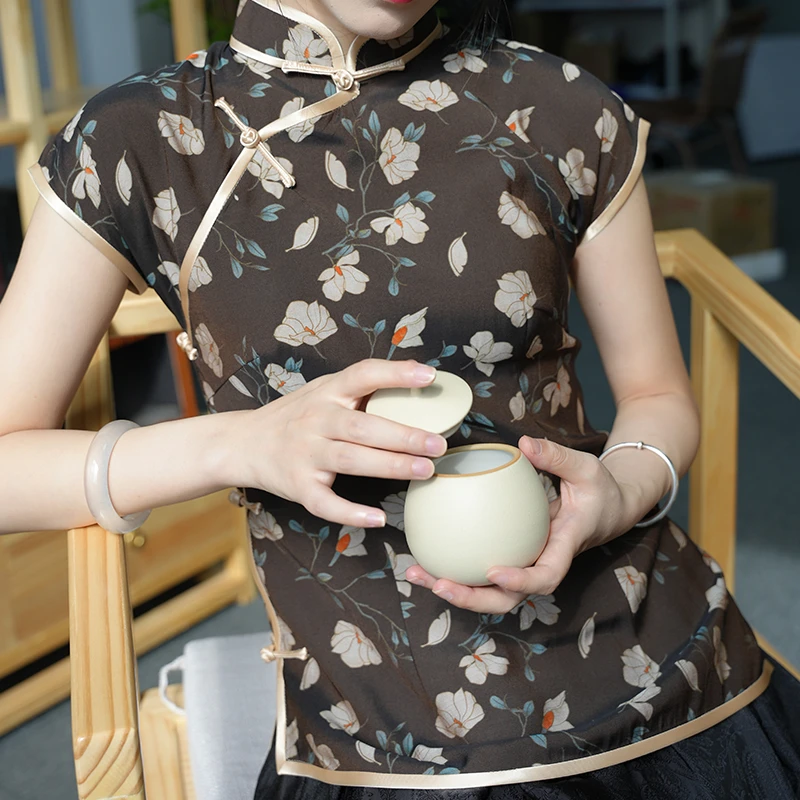 玲珑缎原创设计西江月同款上衣黑色印花