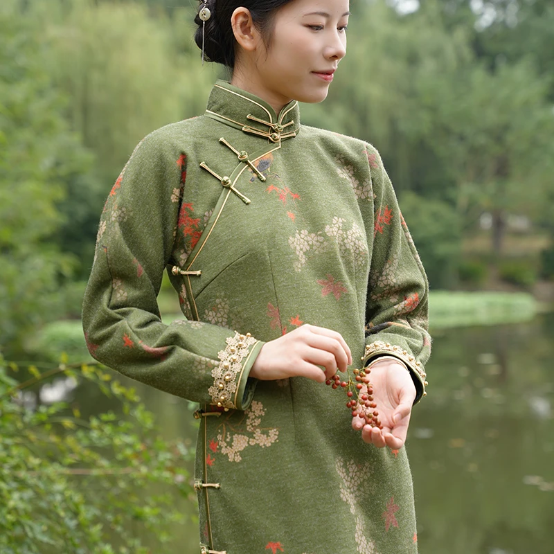 【眉梢】玲珑缎旗袍秋冬新品原创文艺长款显瘦仿兔毛复古日常修身