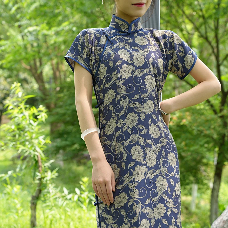 玲珑缎旗袍青花凉爽舒适云锦印花一片式古法平裁旗袍短袖复古日常