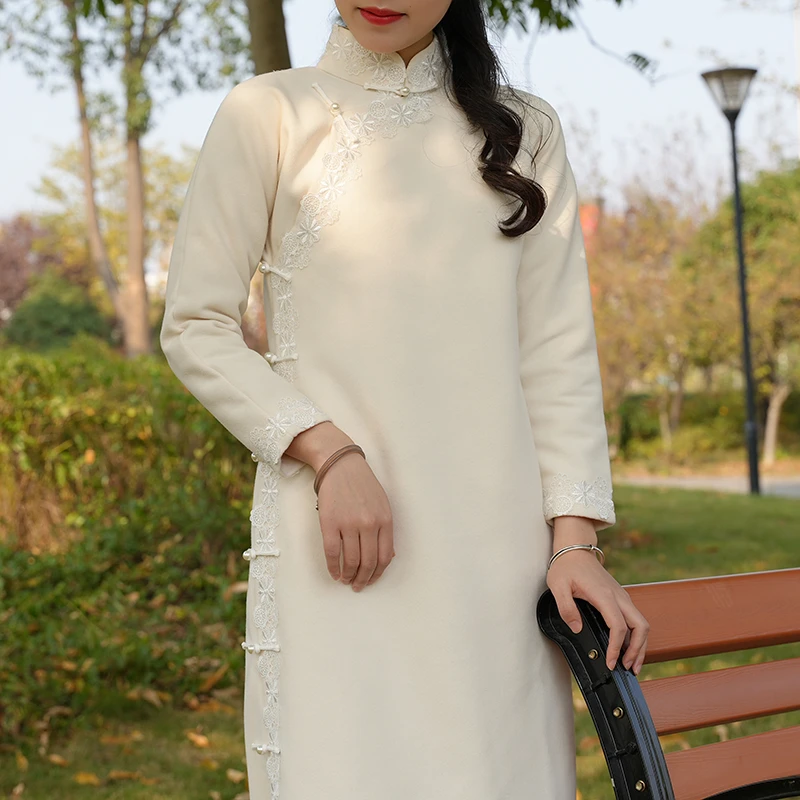 白银阙简约白色重工中式长袖古法旗袍复古中国长款小A版大码显瘦