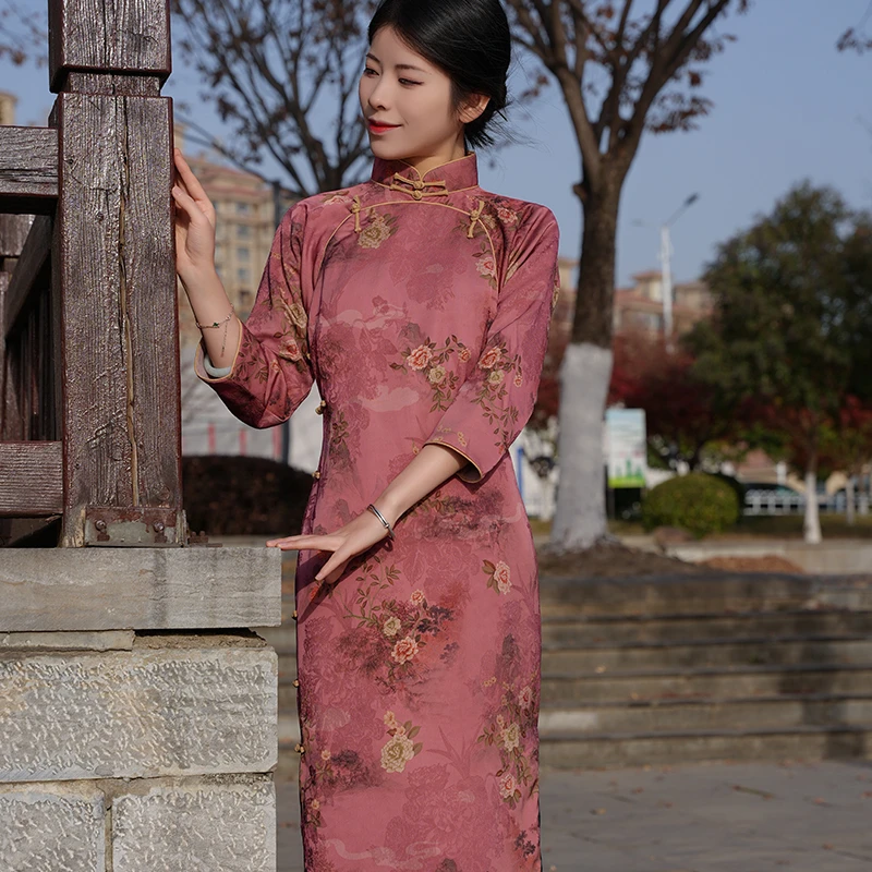 【华妃】玲珑缎旗袍秋冬新品中国画牡丹长提花印花复古日常修身显瘦