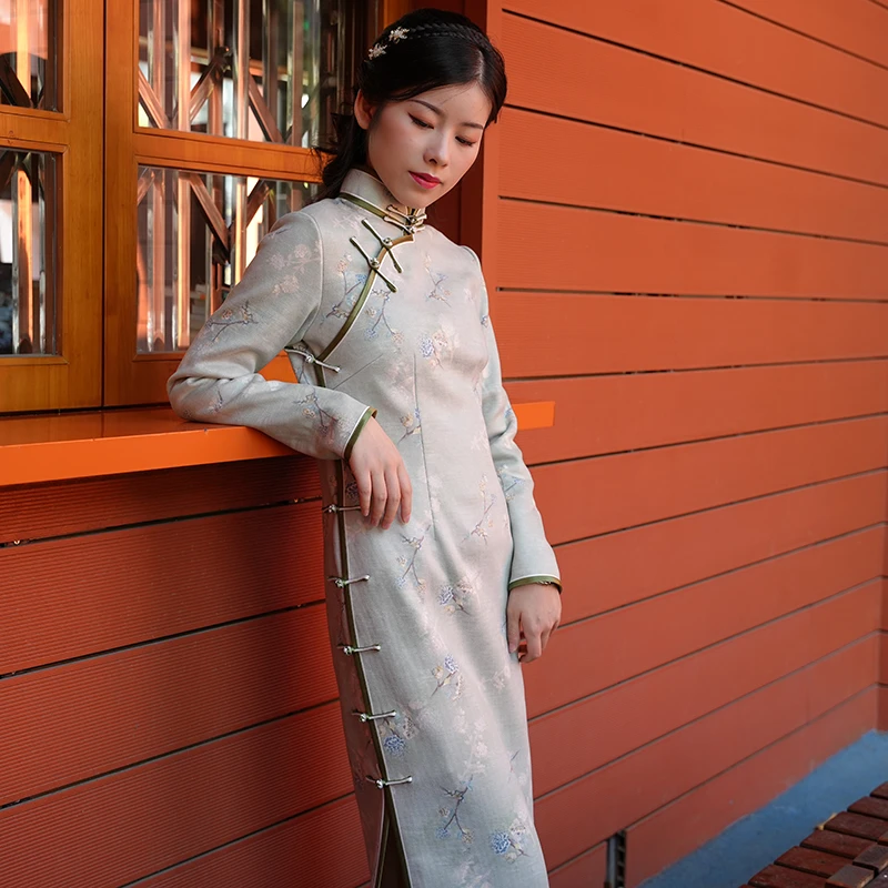 【烟如黛】绿芜冬款旗袍加绒加厚古法真襟手工旗袍简约气质中长款