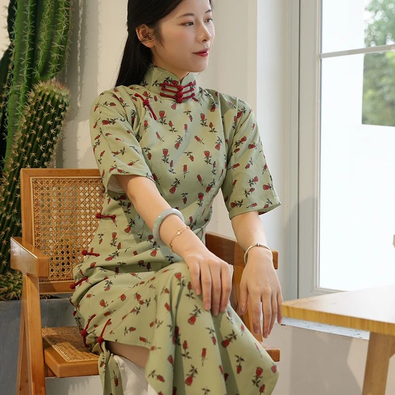 【菲菲】玲珑缎23新品日常碎花全开襟旗袍修身显瘦中式文艺清新少女