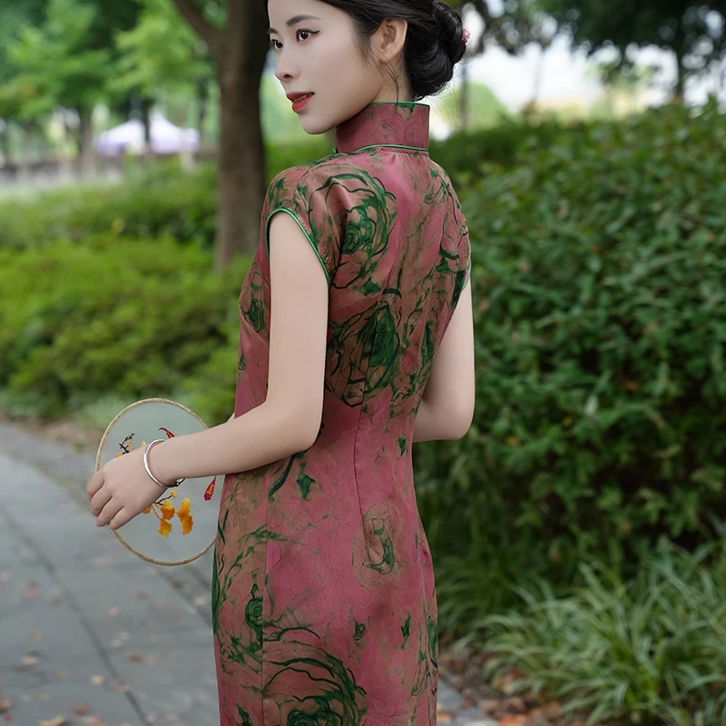 【半落生香】夏季桑蚕丝花萝红云纱显瘦旗袍透气舒适真开襟手工扣