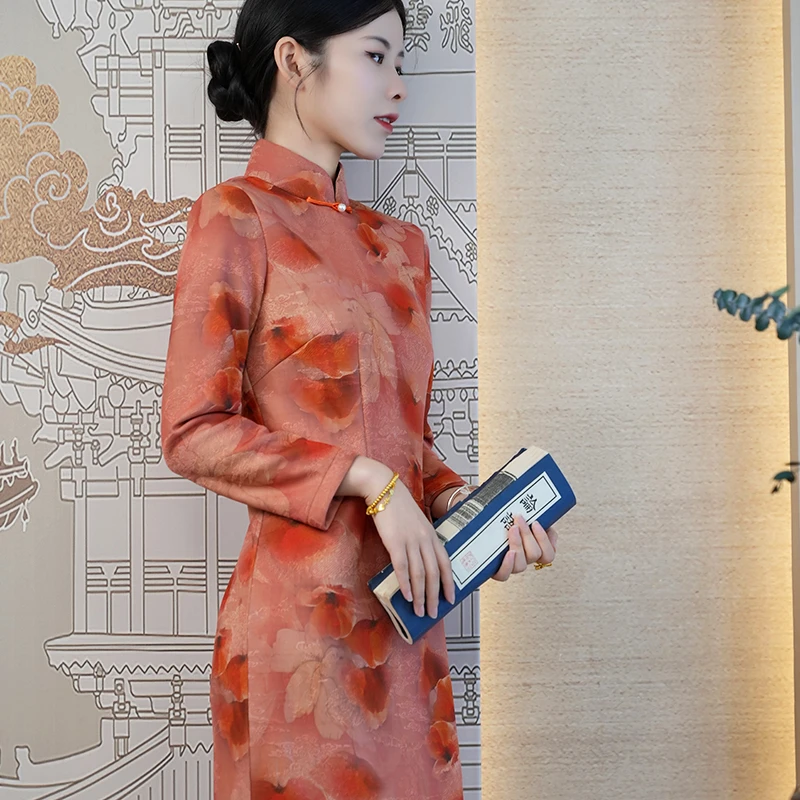 【香居】新品秋冬季长袖古法装袖显瘦加厚修身气质长旗袍一字盘扣