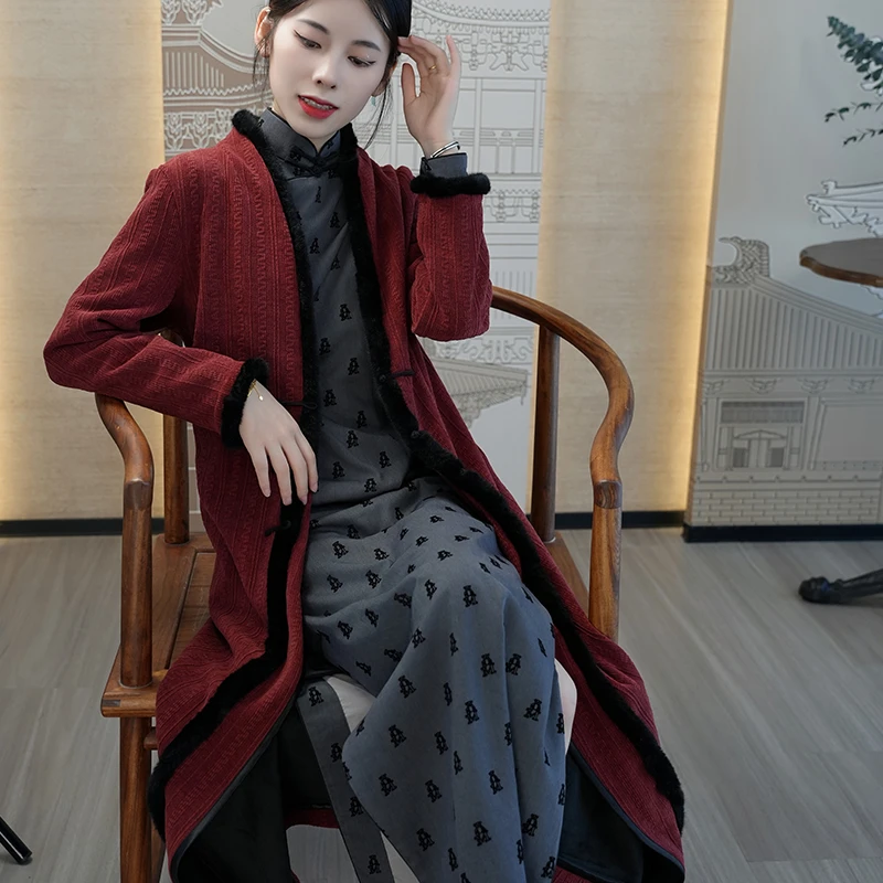 【蒂花】秋上新长款冬保暖修身外套女厚款长袖复古中式宽松大衣