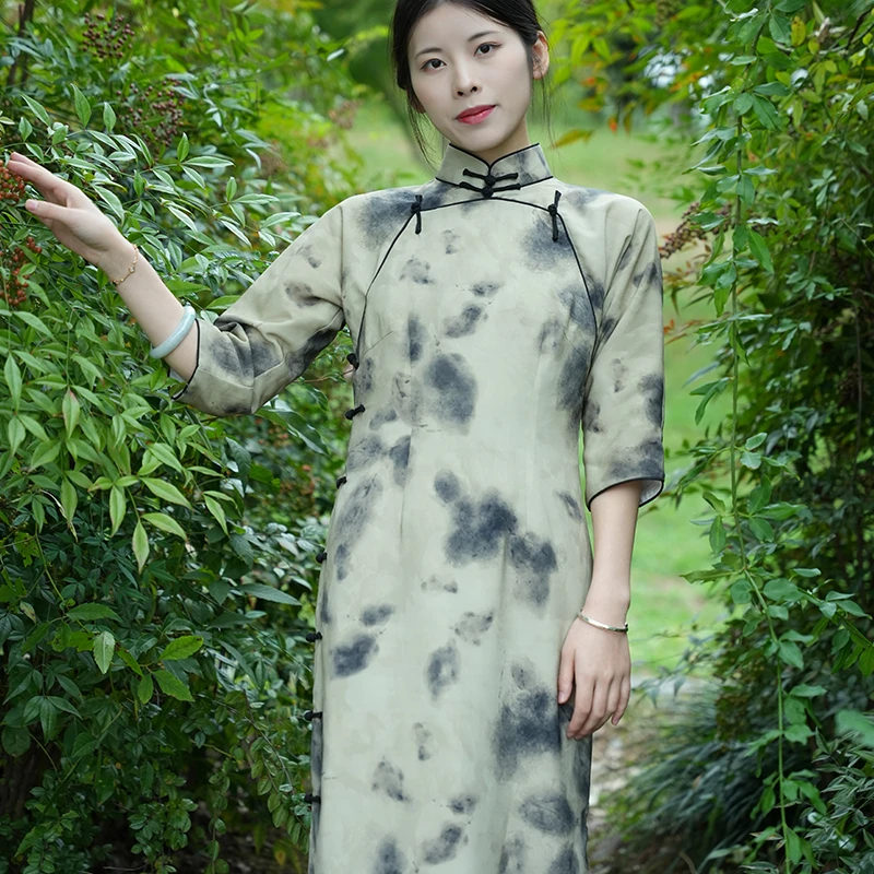 【青烟】玲珑缎旗袍春秋旗袍手工中式日常中国风墨染印花文艺清雅
