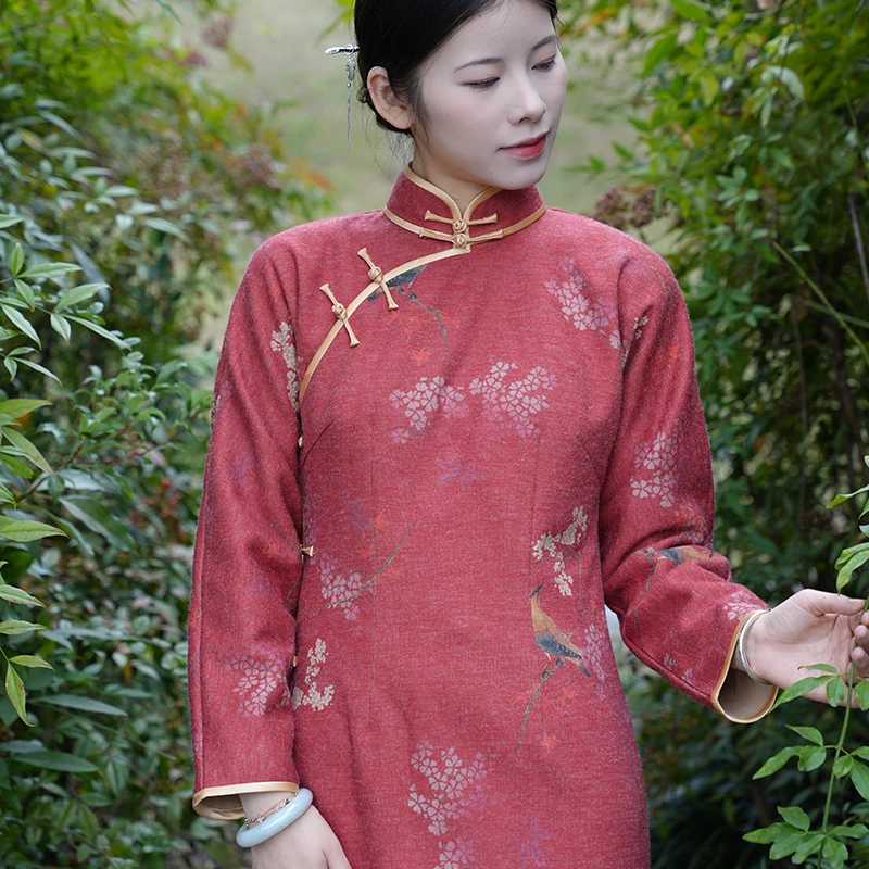 【喜上】玲珑缎旗袍秋冬保暖原创简约修身斜襟仿兔毛复古绒毛质感