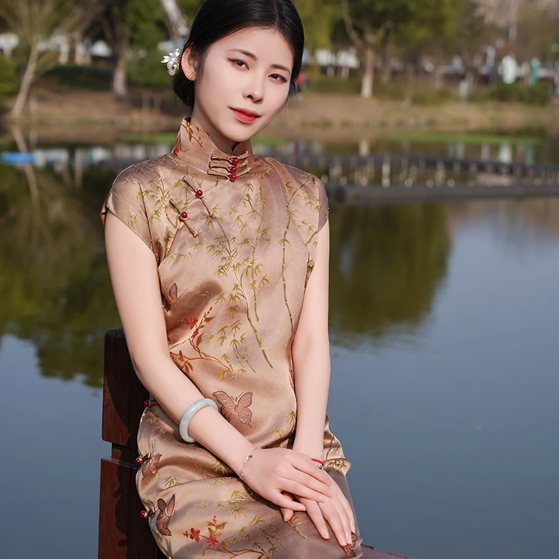 【玲珑缎旗袍】笙笙慢春夏新品无袖修身显瘦中式复古文艺气质清新