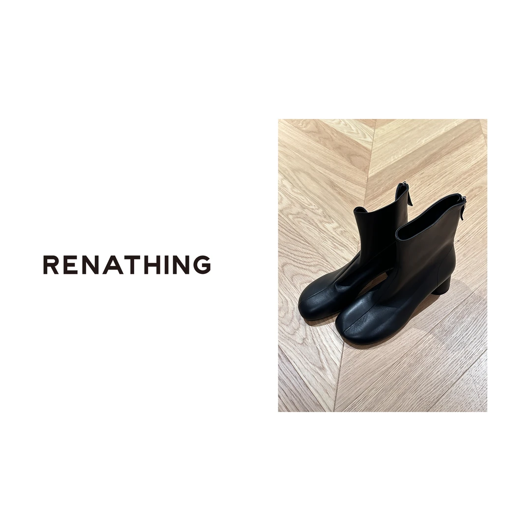 【RENATHING】圆头中缝粗跟短筒靴