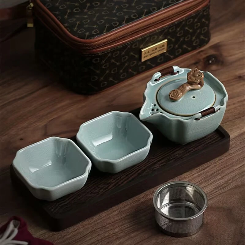 正品汝窑一壶两杯开片可养办公旅行茶具便携式快客杯功夫陶瓷套装