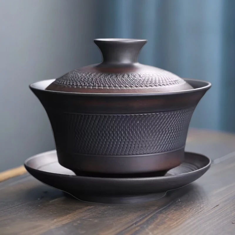 紫陶大号盖碗高档复古陶瓷大容量纯手工中式茶道跳刀工艺功夫茶具