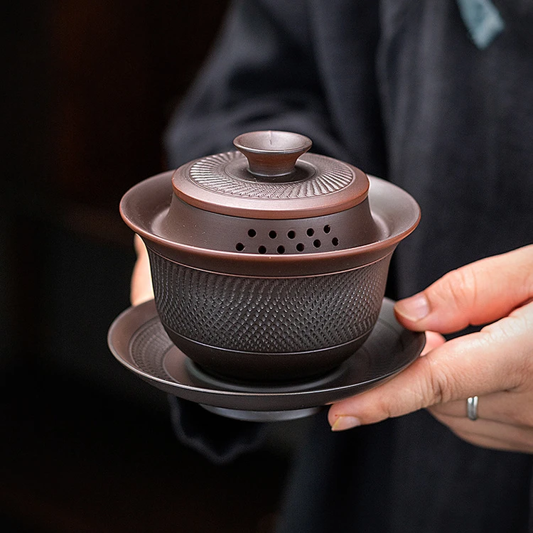 紫陶三才盖碗紫砂手工跳刀大号家用茶碗陶瓷功夫茶具日式复古茶壶