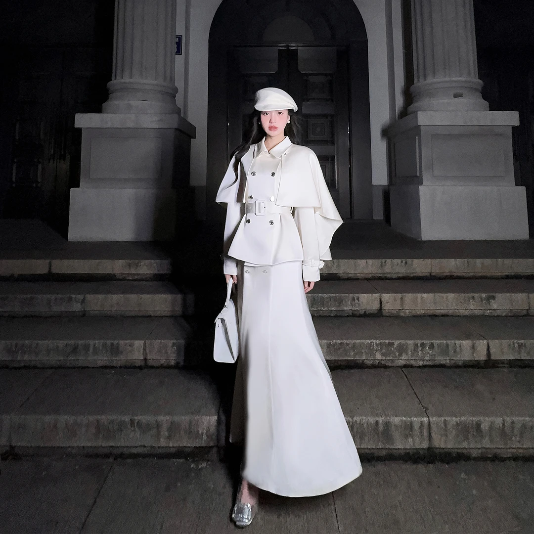【巴黎假日】设计师显瘦气质法式白色时尚长裙套装ZX024200
