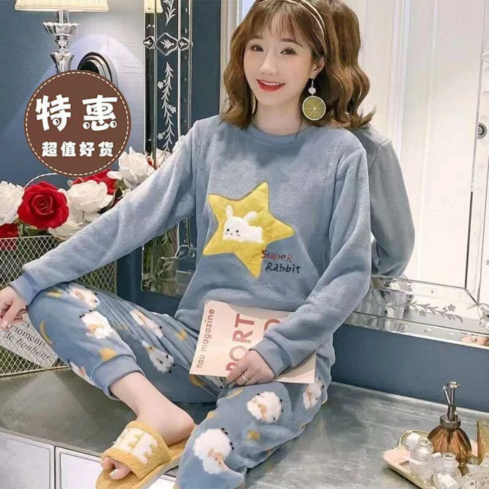 网红睡衣女冬加厚加绒可外出穿法兰绒甜美可爱秋冬季珊瑚绒家居服